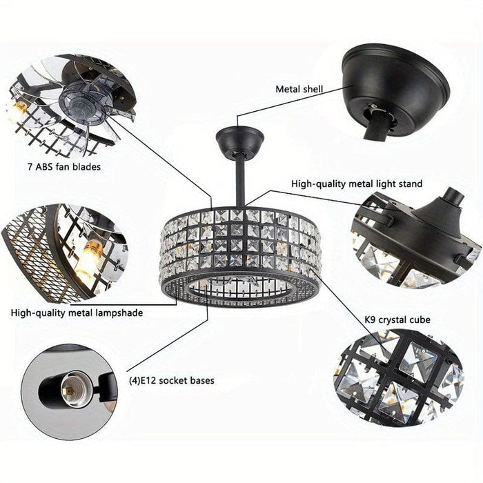 18 in. 4-Light Low Profile Ceiling Fan with Lights and Remote, Modern Black Caged Crystal Ceiling Fan, Small Enclosed Bedroom Ceiling Fan-ErisView