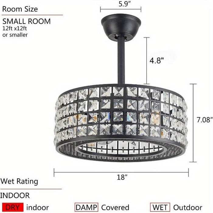 18 in. 4-Light Low Profile Ceiling Fan with Lights and Remote, Modern Black Caged Crystal Ceiling Fan, Small Enclosed Bedroom Ceiling Fan-ErisView