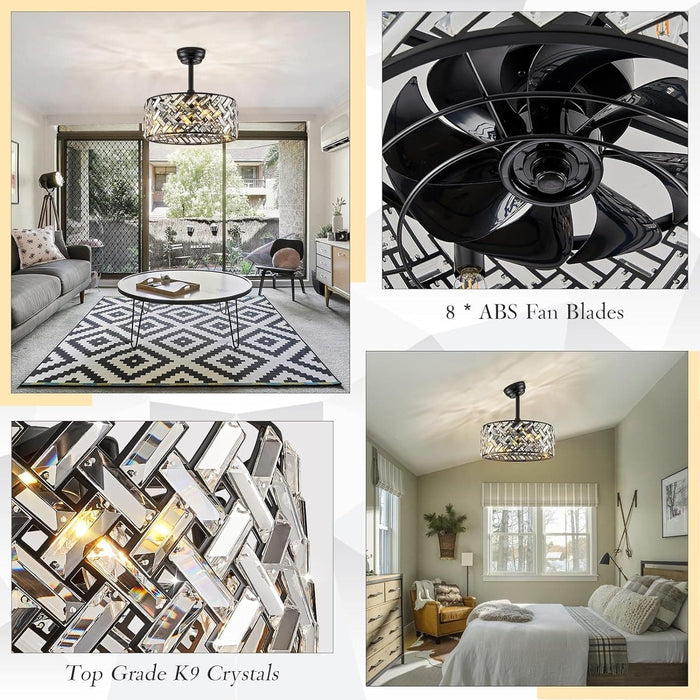 18 in. Black Flush Mount Ceiling Fan for Dining Room Bedroom Kitchen, Modern Caged Ceiling Fan Crystal Fandelier with Light and Remote-4-ErisView