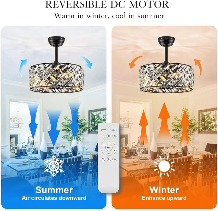 18 in. Black Flush Mount Ceiling Fan for Dining Room Bedroom Kitchen, Modern Caged Ceiling Fan Crystal Fandelier with Light and Remote-5-ErisView