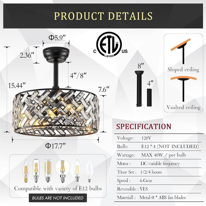 18 in. Black Flush Mount Ceiling Fan for Dining Room Bedroom Kitchen, Modern Caged Ceiling Fan Crystal Fandelier with Light and Remote-6-ErisView