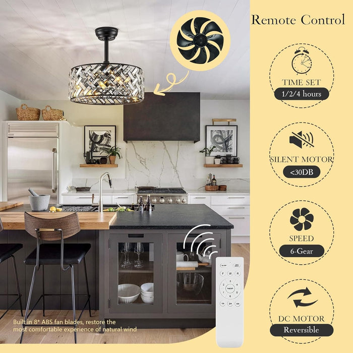 18 in. Black Flush Mount Ceiling Fan for Dining Room Bedroom Kitchen, Modern Caged Ceiling Fan Crystal Fandelier with Light and Remote-7-ErisView