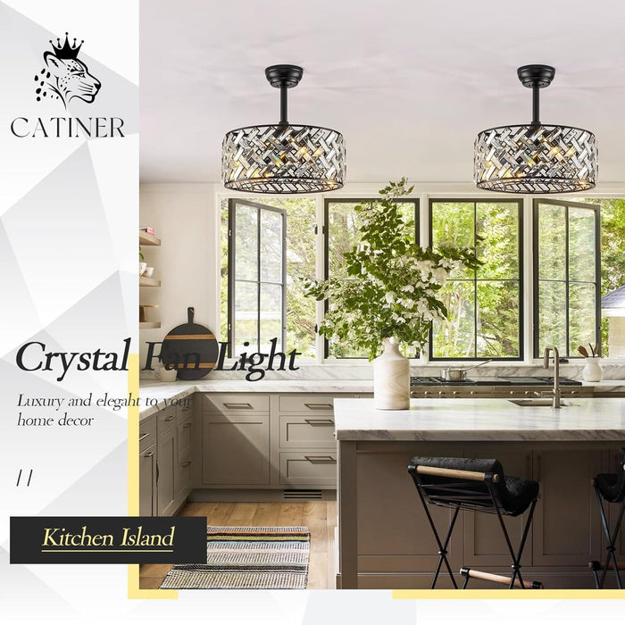 18 in. Black Flush Mount Ceiling Fan for Dining Room Bedroom Kitchen, Modern Caged Ceiling Fan Crystal Fandelier with Light and Remote-9-ErisView