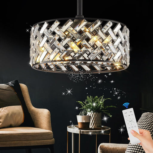 18 in. Black Flush Mount Ceiling Fan for Dining Room Bedroom Kitchen, Modern Caged Ceiling Fan Crystal Fandelier with Light and Remote-1-ErisView