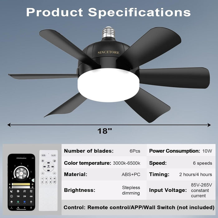 18 in. Black Indoor Outdoor Ceiling Fans with Low Profile Light, Flush Mount Socket Fan with Remote APP Control-6-ErisView