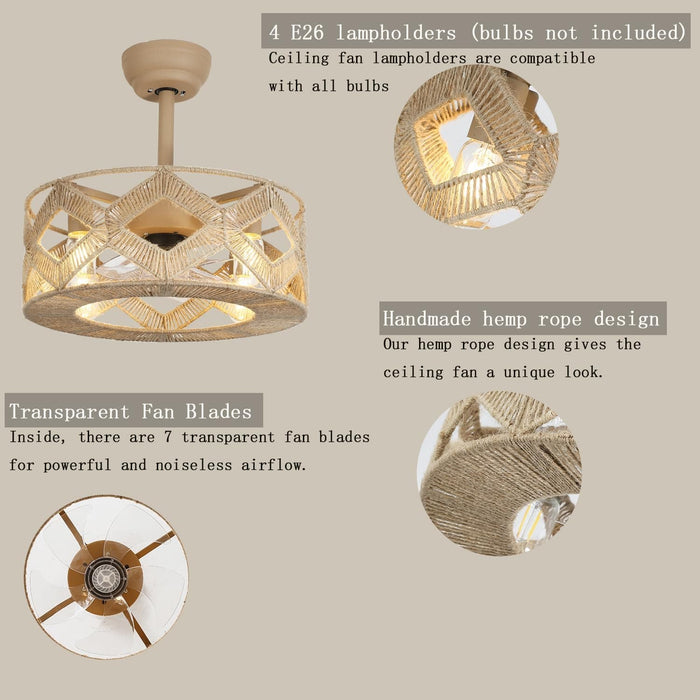 18 in. Boho Rattan Caged Ceiling Fan with Lights and Remote Control, Retro Hemp Rope Bladeless Flush Mount Ceiling Fandelier for Bedroom Kitchen-6-ErisView