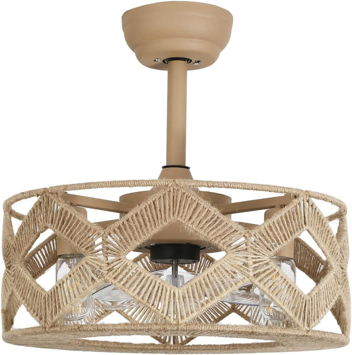 18 in. Boho Rattan Caged Ceiling Fan with Lights and Remote Control, Retro Hemp Rope Bladeless Flush Mount Ceiling Fandelier for Bedroom Kitchen-8-ErisView