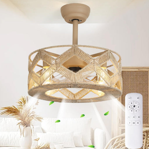 18 in. Boho Rattan Caged Ceiling Fan with Lights and Remote Control, Retro Hemp Rope Bladeless Flush Mount Ceiling Fandelier for Bedroom Kitchen-1-ErisView