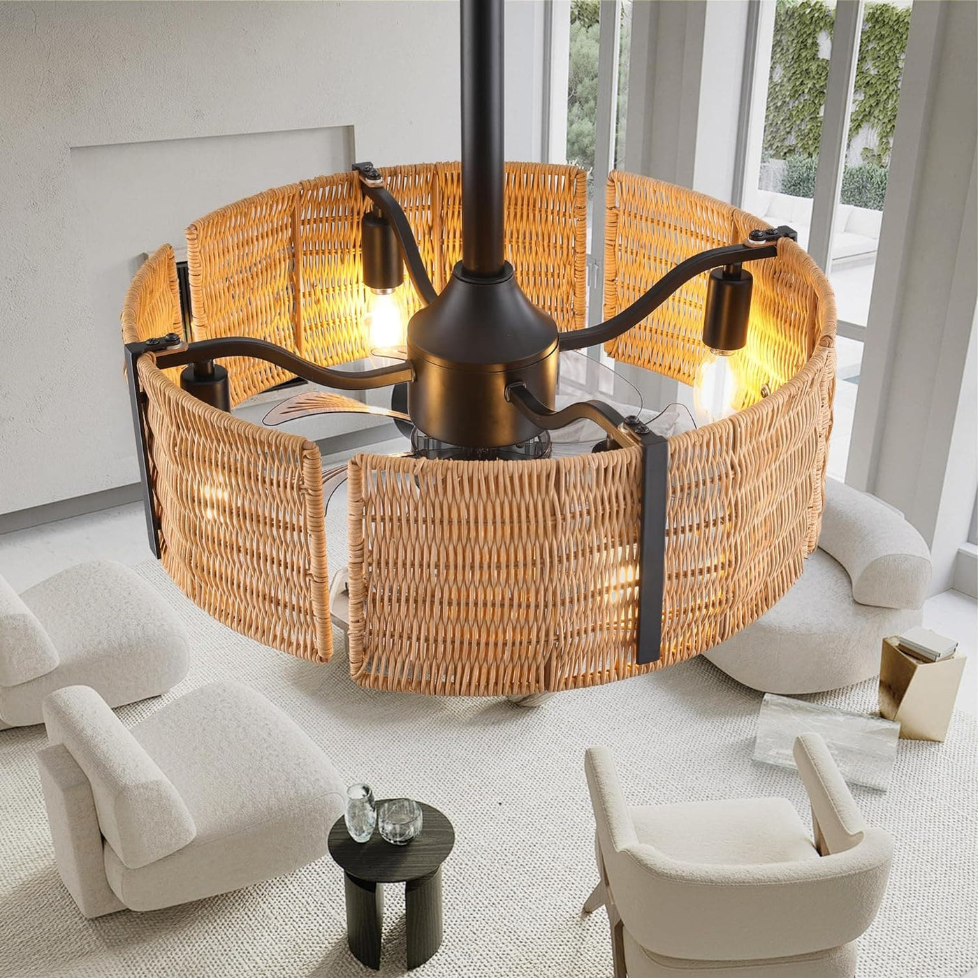 18 in. Caged Ceiling Fan with Light and Remote, Rattan Reversible Ceil ...