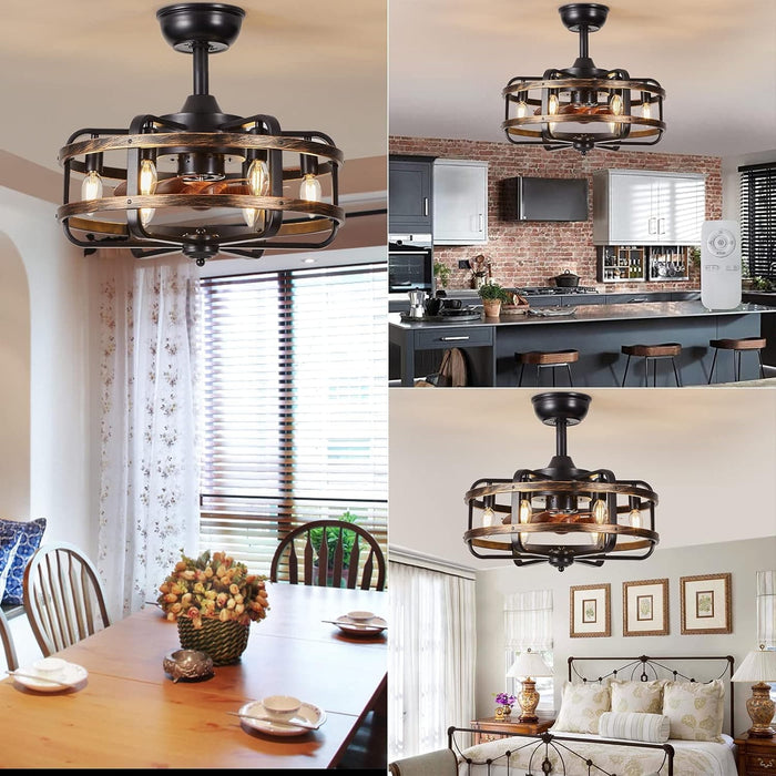 18 in. Caged Ceiling Fan with Remote, Flush Mount Ceiling Fans Chandeliers Fan, Bladeless Vintage Farmhouse Rustic Ceiling Fans with Lights for Bedroom-3-ErisView