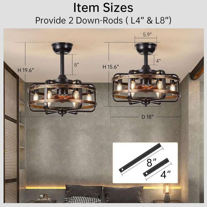 18 in. Caged Ceiling Fan with Remote, Flush Mount Ceiling Fans Chandeliers Fan, Bladeless Vintage Farmhouse Rustic Ceiling Fans with Lights for Bedroom-4-ErisView