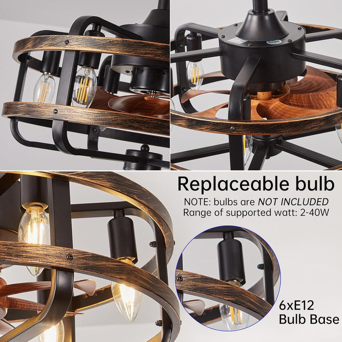 18 in. Caged Ceiling Fan with Remote, Flush Mount Ceiling Fans Chandeliers Fan, Bladeless Vintage Farmhouse Rustic Ceiling Fans with Lights for Bedroom-6-ErisView