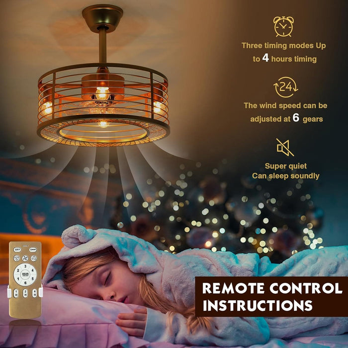 18 in. Reversible Quiet Ceiling Fans, Gold Caged Bladeless Ceiling Fan with Light and Remote, Fandelier Ceiling Fan, Kitchen Fans with Lights-2-ErisView