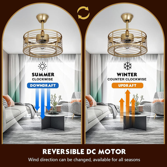 18 in. Reversible Quiet Ceiling Fans, Gold Caged Bladeless Ceiling Fan with Light and Remote, Fandelier Ceiling Fan, Kitchen Fans with Lights-3-ErisView