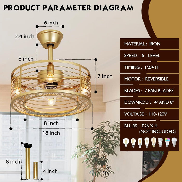 18 in. Reversible Quiet Ceiling Fans, Gold Caged Bladeless Ceiling Fan with Light and Remote, Fandelier Ceiling Fan, Kitchen Fans with Lights-4-ErisView