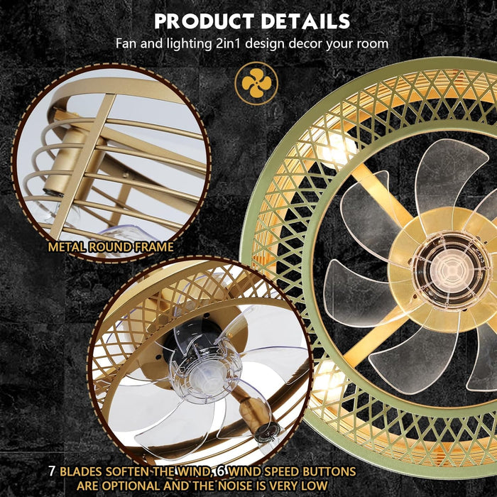 18 in. Reversible Quiet Ceiling Fans, Gold Caged Bladeless Ceiling Fan with Light and Remote, Fandelier Ceiling Fan, Kitchen Fans with Lights-5-ErisView