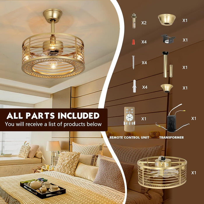 18 in. Reversible Quiet Ceiling Fans, Gold Caged Bladeless Ceiling Fan with Light and Remote, Fandelier Ceiling Fan, Kitchen Fans with Lights-6-ErisView