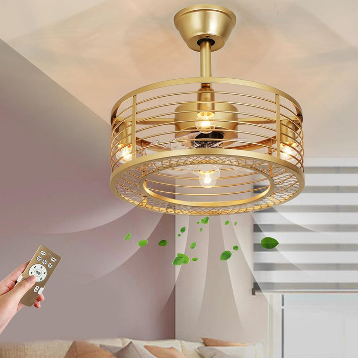 18 in. Reversible Quiet Ceiling Fans, Gold Caged Bladeless Ceiling Fan with Light and Remote, Fandelier Ceiling Fan, Kitchen Fans with Lights-7-ErisView
