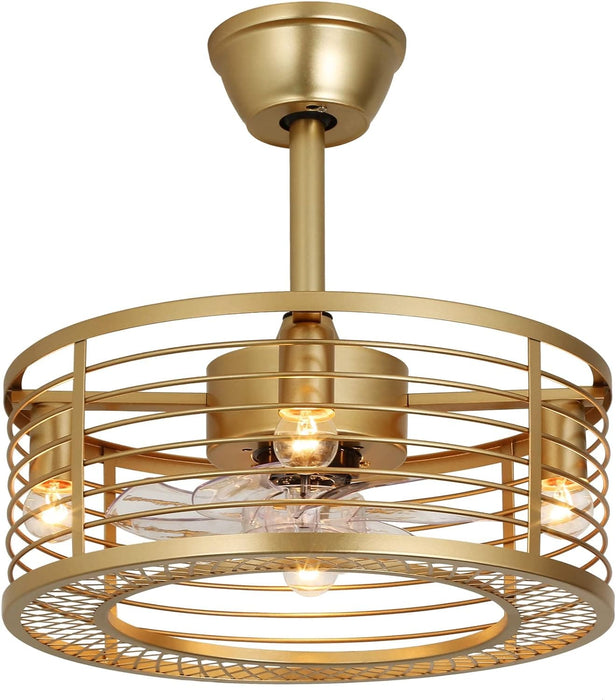 18 in. Reversible Quiet Ceiling Fans, Gold Caged Bladeless Ceiling Fan with Light and Remote, Fandelier Ceiling Fan, Kitchen Fans with Lights-1-ErisView