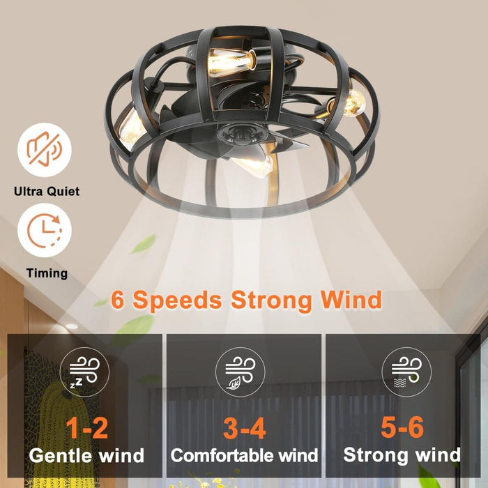 18 in. Small Rustic Bladeless Low Profile Ceiling Fan Light Fixture for Kitchen Living Room, Black Flush Mount Caged Ceiling Fan with Light Remote-2-ErisView