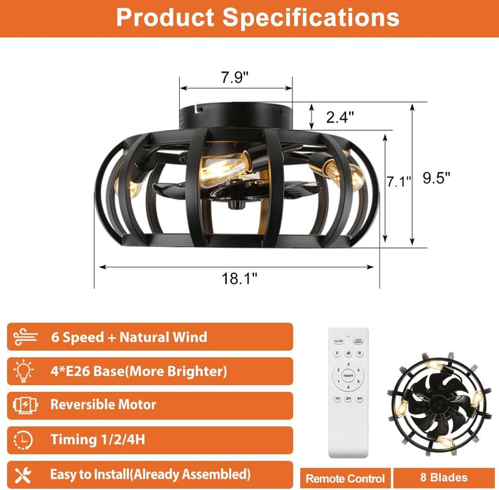 18 in. Small Rustic Bladeless Low Profile Ceiling Fan Light Fixture for Kitchen Living Room, Black Flush Mount Caged Ceiling Fan with Light Remote-3-ErisView