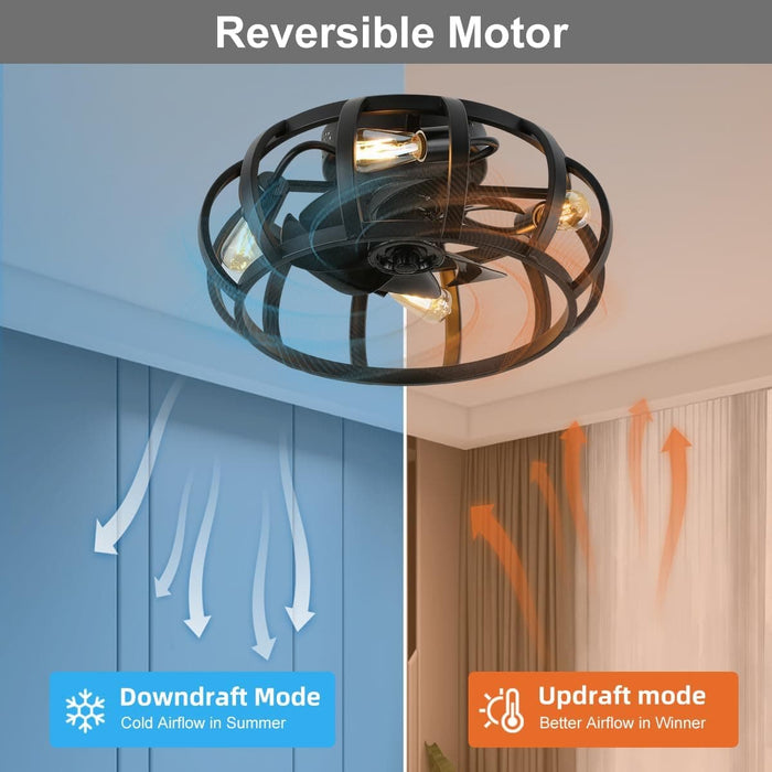 18 in. Small Rustic Bladeless Low Profile Ceiling Fan Light Fixture for Kitchen Living Room, Black Flush Mount Caged Ceiling Fan with Light Remote-4-ErisView