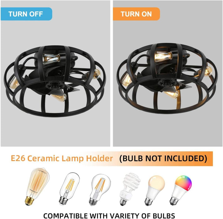 18 in. Small Rustic Bladeless Low Profile Ceiling Fan Light Fixture for Kitchen Living Room, Black Flush Mount Caged Ceiling Fan with Light Remote-7-ErisView
