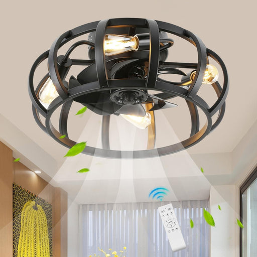 18 in. Small Rustic Bladeless Low Profile Ceiling Fan Light Fixture for Kitchen Living Room, Black Flush Mount Caged Ceiling Fan with Light Remote-1-ErisView