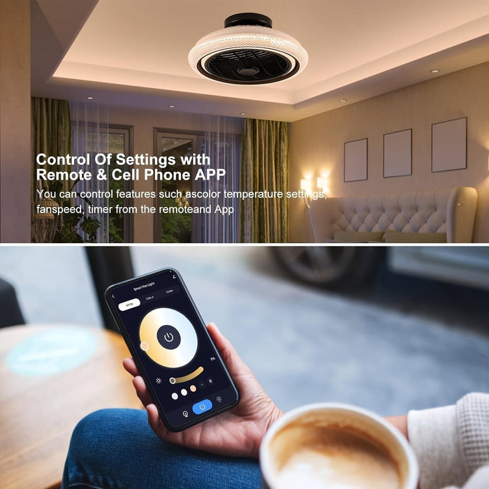 18 in. Smart Bladeless Ceiling fan with LED Light and Remote Control, Semi-Flush Mount LED-RGB Enclosure Ceilig Fan for Living Room Bedroom-ErisView