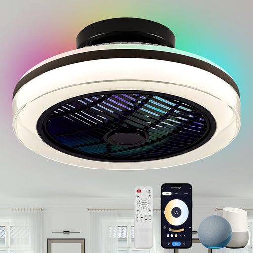 18 in. Smart Bladeless Ceiling fan with LED Light and Remote Control, Semi-Flush Mount LED-RGB Enclosure Ceilig Fan for Living Room Bedroom-ErisView