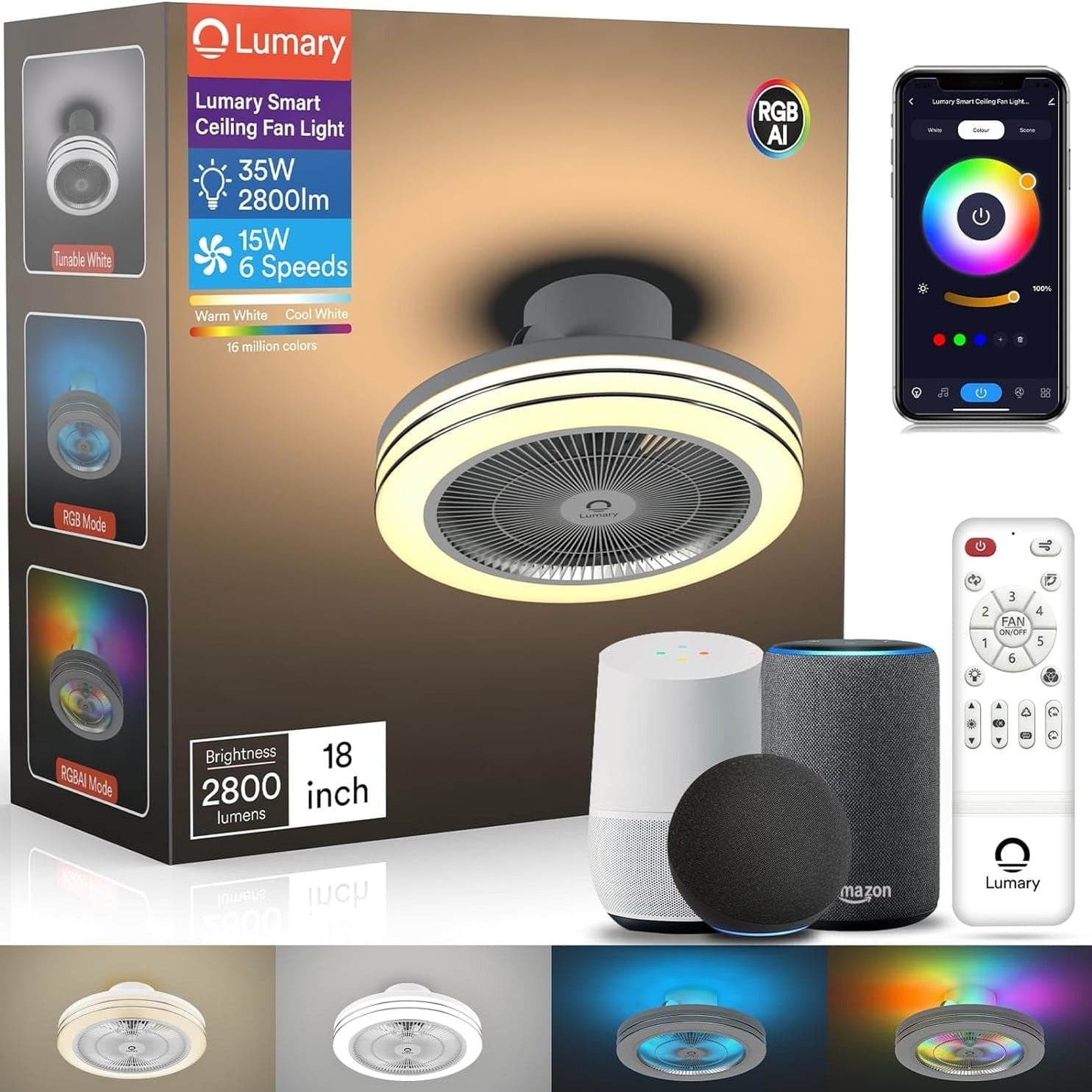 18 in. Smart Wi-Fi Bluetooth Ceiling Fan with RGB Light, Reversible Ce ...