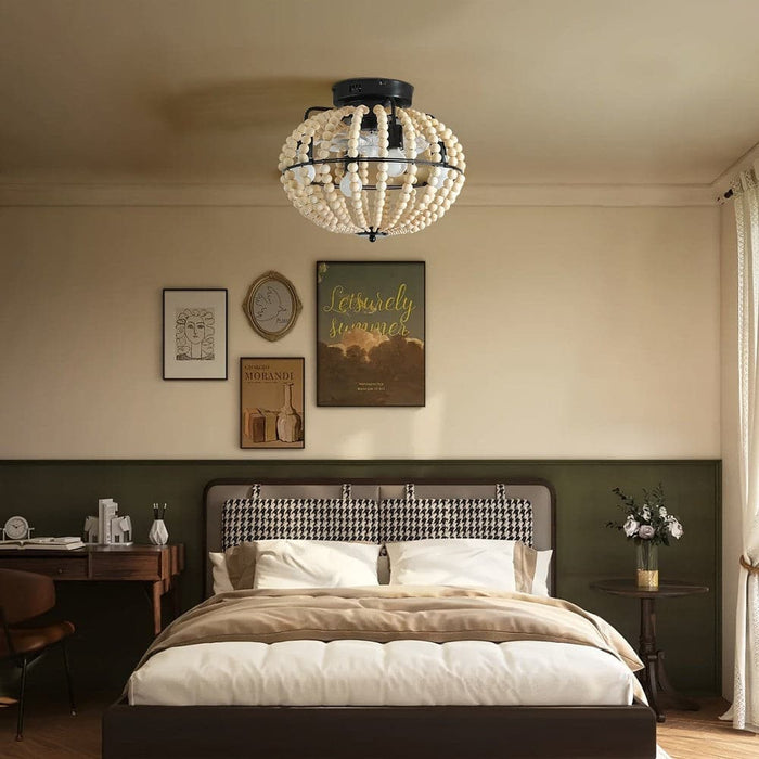 18 in. Boho Style Wooden Beaded Ceiling Light, Globe Shaped White Coastal Flush Mount Light-ErisView