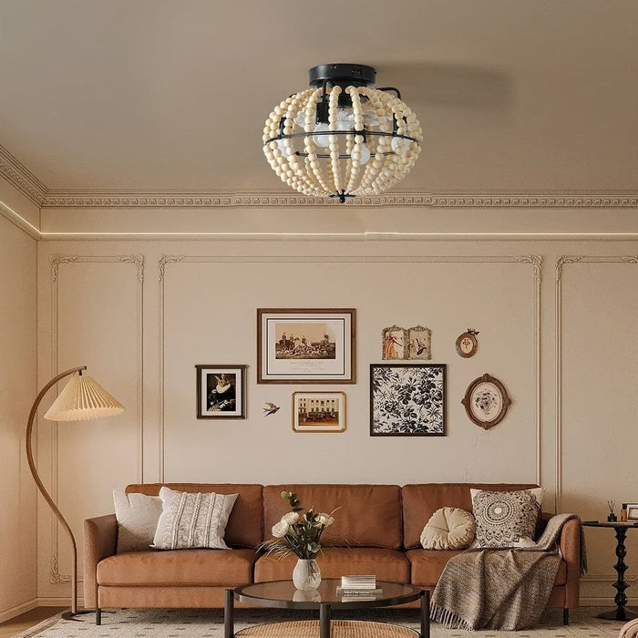 18 in. Boho Style Wooden Beaded Ceiling Light, Globe Shaped White Coastal Flush Mount Light-ErisView