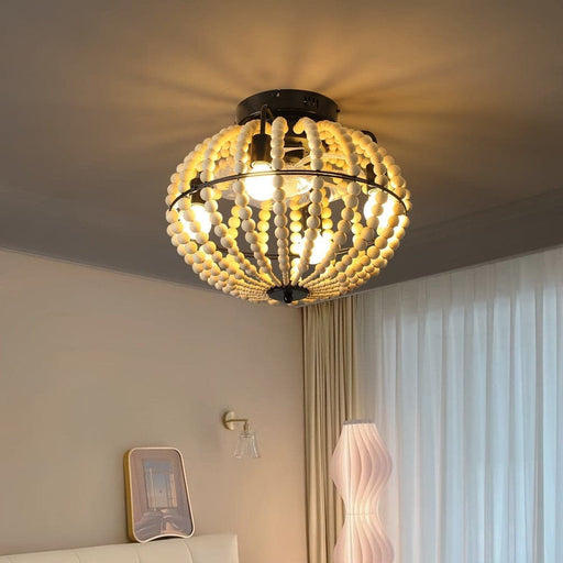 18 in. Boho Style Wooden Beaded Ceiling Light, Globe Shaped White Coastal Flush Mount Light-ErisView