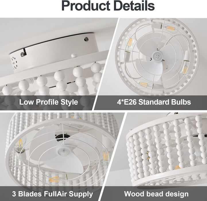 19 in. Beaded Remote Control Ceiling Fan and Light, Bedroom Ceiling Fans, White Reversible Ceiling Fan-4-ErisView