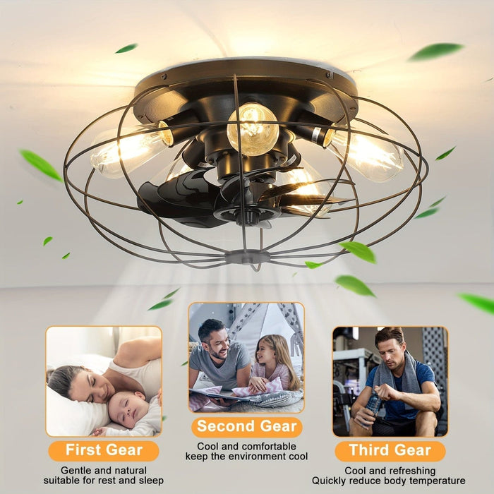 19 in. Black Bladeless Ceiling Fan with Light and Remote Control, Black Industrial Caged Ceiling Fan for Kitchen Bedroom Living Room-ErisView