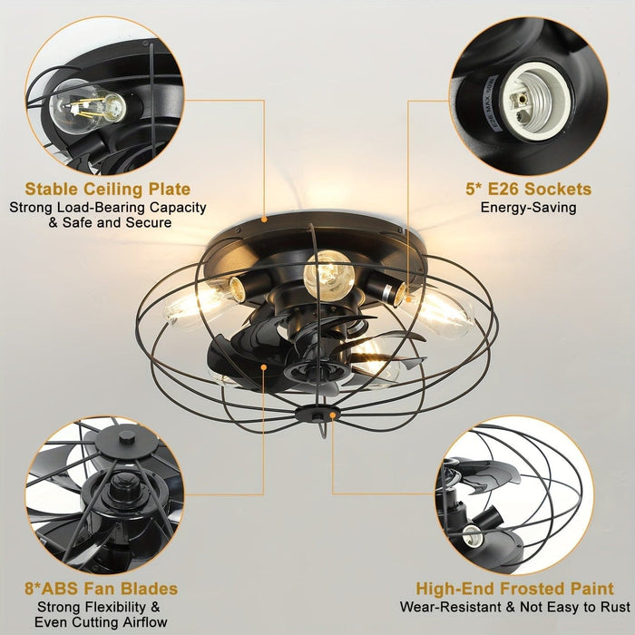 19 in. Black Bladeless Ceiling Fan with Light and Remote Control, Black Industrial Caged Ceiling Fan for Kitchen Bedroom Living Room-ErisView