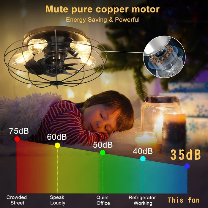 19 in. Black Bladeless Ceiling Fan with Light and Remote Control, Black Industrial Caged Ceiling Fan for Kitchen Bedroom Living Room-ErisView