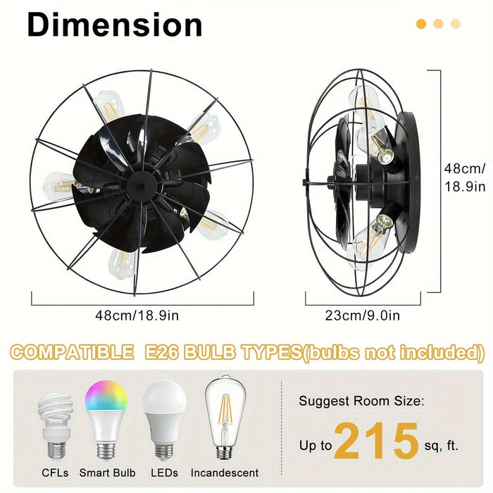 19 in. Black Bladeless Ceiling Fan with Light and Remote Control, Black Industrial Caged Ceiling Fan for Kitchen Bedroom Living Room-ErisView
