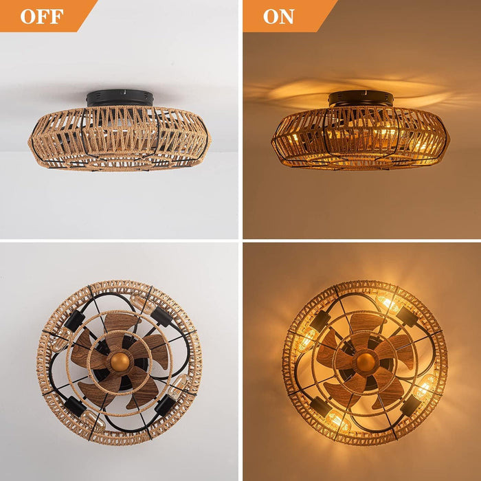 19 in. Boho Flush Mount Remote Control Fan, Farmhouse Reversible Rattan Caged Ceiling Fan for Living Room Fan Bedroom Dining Room Kitchen -3-ErisView
