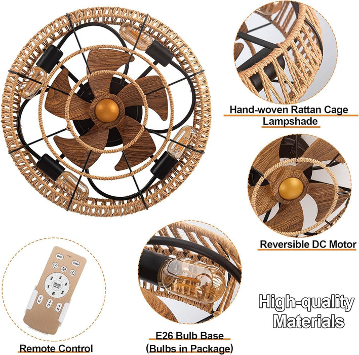 19 in. Boho Flush Mount Remote Control Fan, Farmhouse Reversible Rattan Caged Ceiling Fan for Living Room Fan Bedroom Dining Room Kitchen -4-ErisView