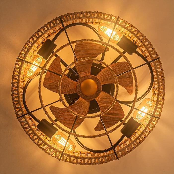 19 in. Boho Flush Mount Remote Control Fan, Farmhouse Reversible Rattan Caged Ceiling Fan for Living Room Fan Bedroom Dining Room Kitchen -6-ErisView