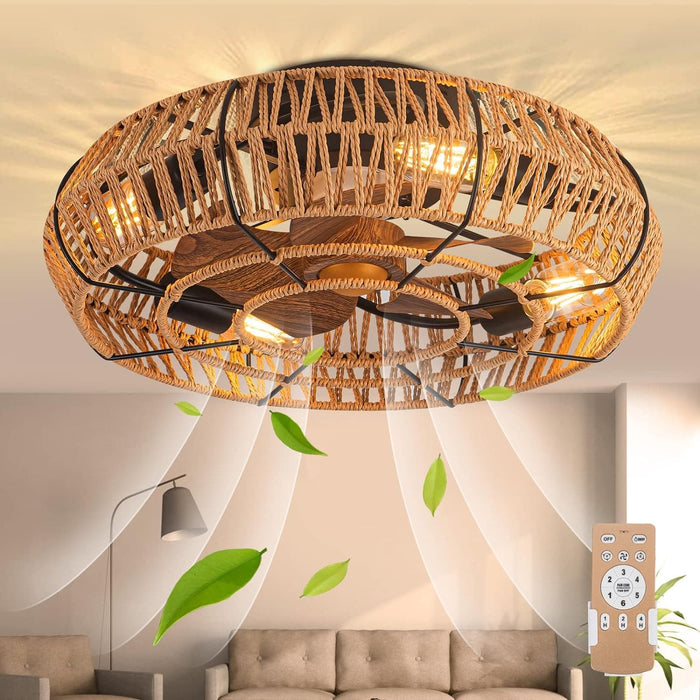 19 in. Boho Flush Mount Remote Control Fan, Farmhouse Reversible Rattan Caged Ceiling Fan for Living Room Fan Bedroom Dining Room Kitchen -1-ErisView
