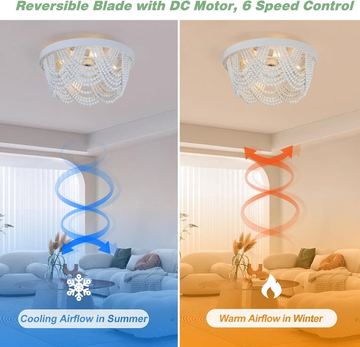 19 in. Caged Flush Mount Ceiling Fan for Bedroom Kitchen Living Room, Boho Wood Beads Remote Ceiling Fan with Light-3-ErisView