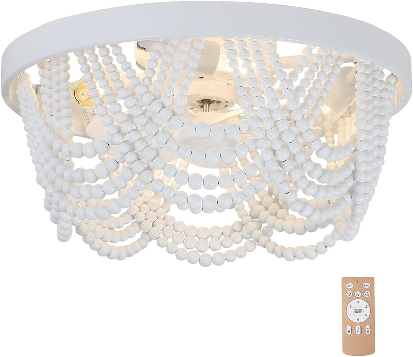 19 in. Caged Flush Mount Ceiling Fan for Bedroom Kitchen Living Room, Boho Wood Beads Remote Ceiling Fan with Light-1-ErisView