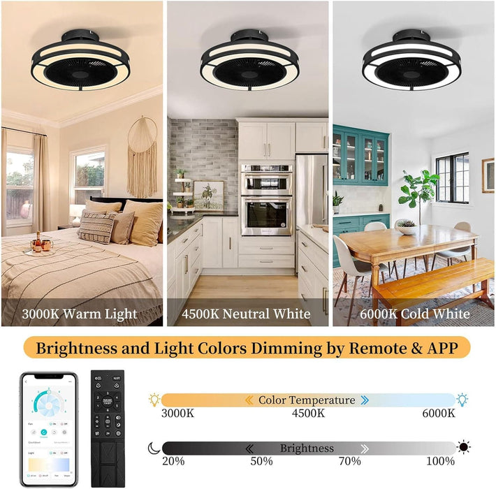 19 in. Enclosed Ceiling Fan with Lights, Flush Mount Bladeless Ceiling Fan and Remote, Low Profile Ceiling Fan for Bedroom Living Room Fan-2-ErisView