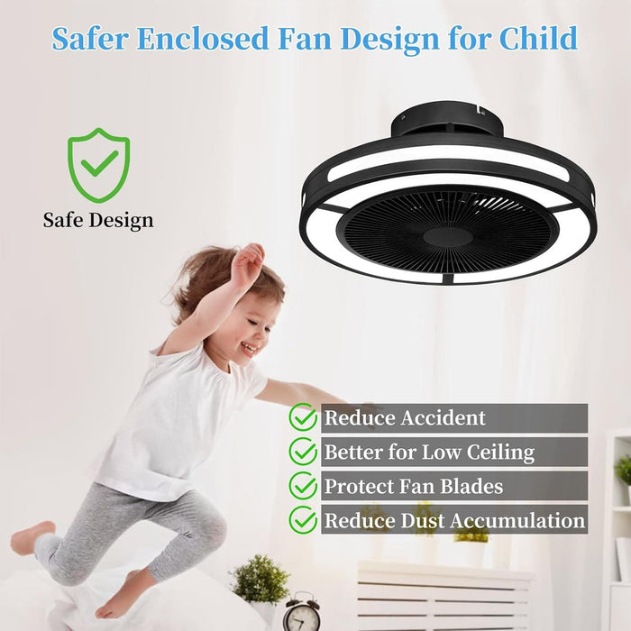 19 in. Enclosed Ceiling Fan with Lights, Flush Mount Bladeless Ceiling Fan and Remote, Low Profile Ceiling Fan for Bedroom Living Room Fan-5-ErisView