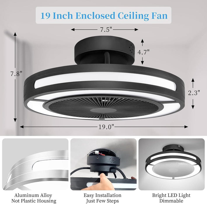 19 in. Enclosed Ceiling Fan with Lights, Flush Mount Bladeless Ceiling Fan and Remote, Low Profile Ceiling Fan for Bedroom Living Room Fan-6-ErisView