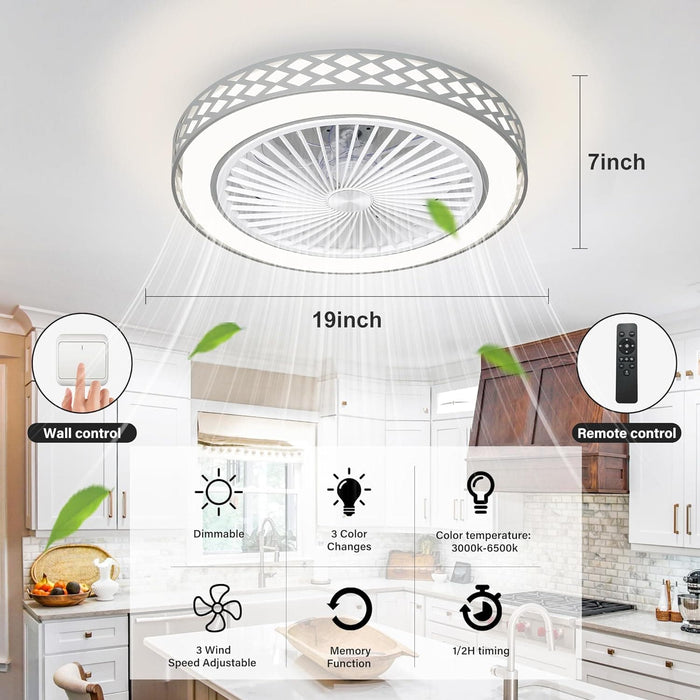 19 in. Modern Flush Mount Ceiling Fan with Light and Remote, Dimmable Low Profile Enclosed Ceiling Fan, Bladeless Ceiling Fan for Living Room-2-ErisView
