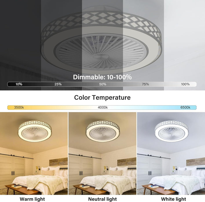 19 in. Modern Flush Mount Ceiling Fan with Light and Remote, Dimmable Low Profile Enclosed Ceiling Fan, Bladeless Ceiling Fan for Living Room-3-ErisView